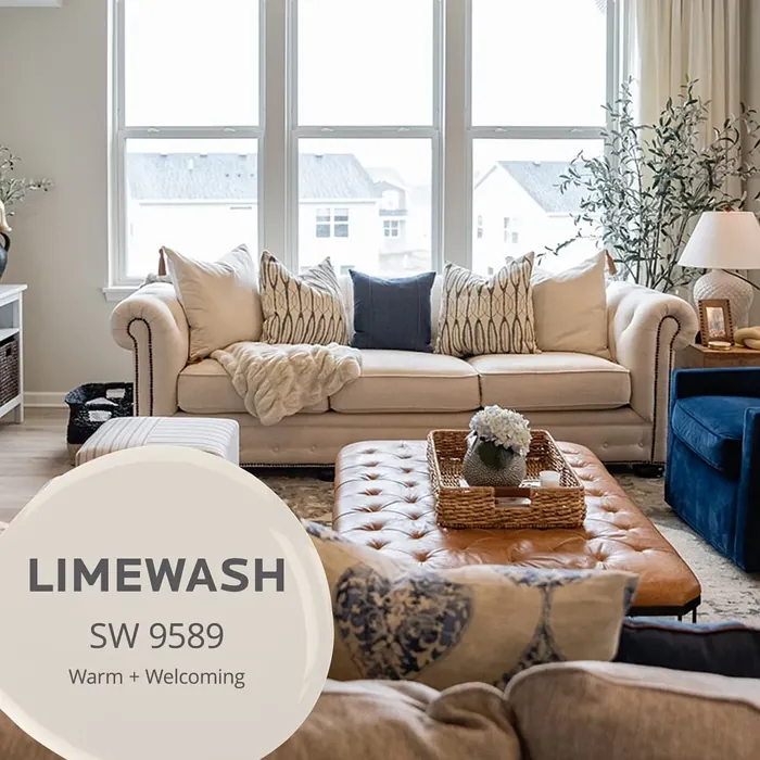 Sherwin Williams Limewash cozy living room color