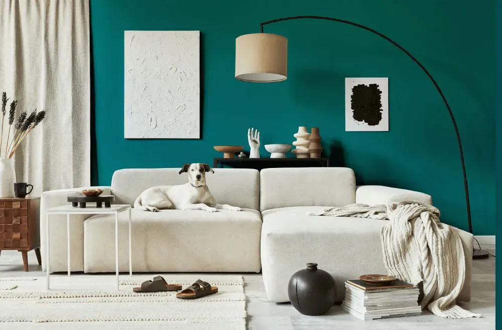 Sherwin Williams Maxi Teal cozy living room