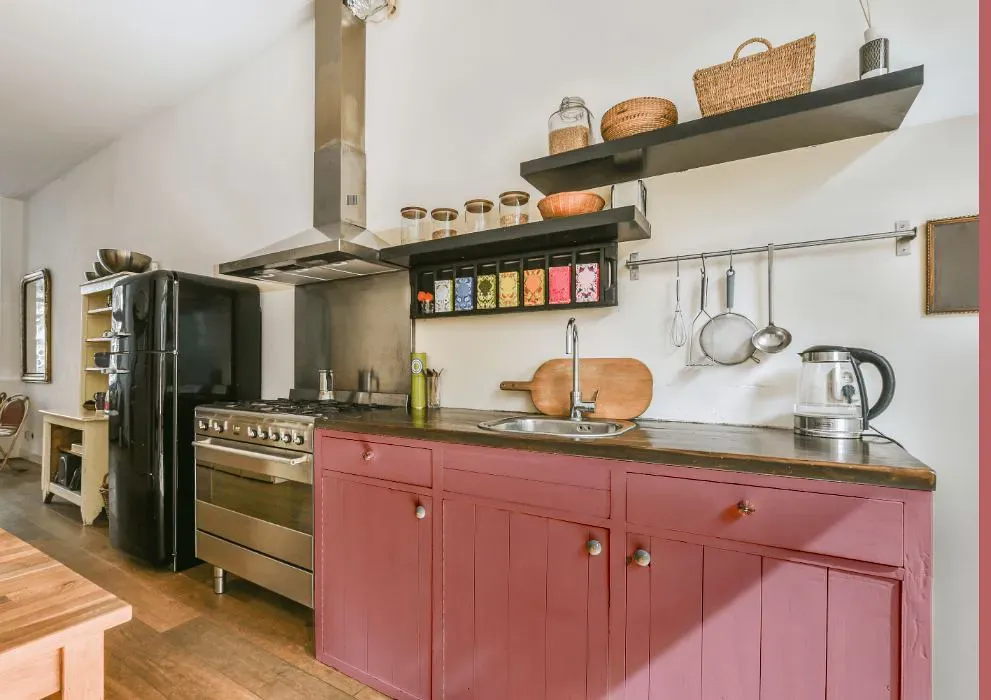 Sherwin Williams Memorable Rose kitchen cabinets