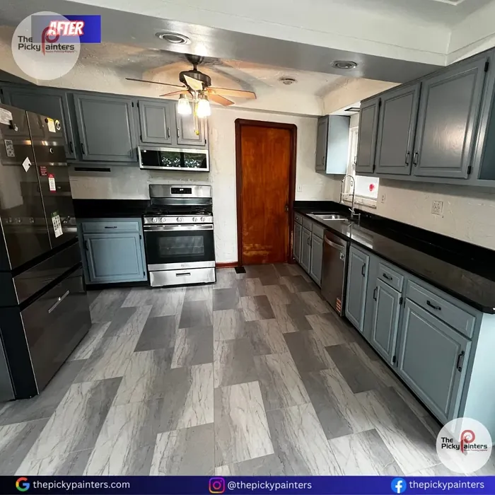 Sherwin Williams Morning at Sea kitchen cabinets 