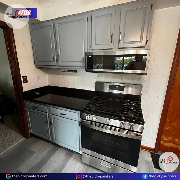 Sherwin Williams Morning at Sea kitchen cabinets color