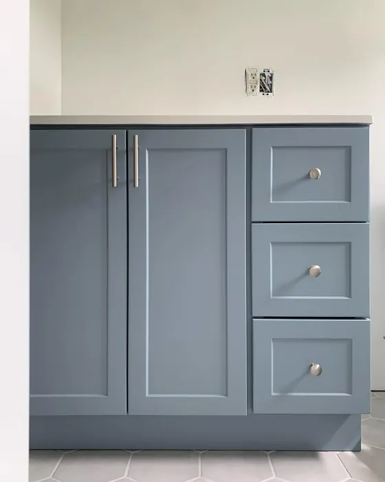 Sherwin Williams Morning at Sea painted cabinets 