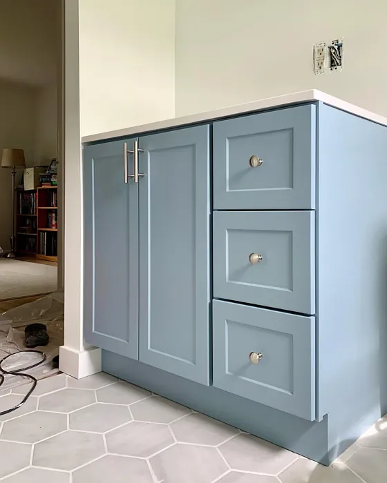 Sherwin Williams Morning at Sea bathroom vanity 
