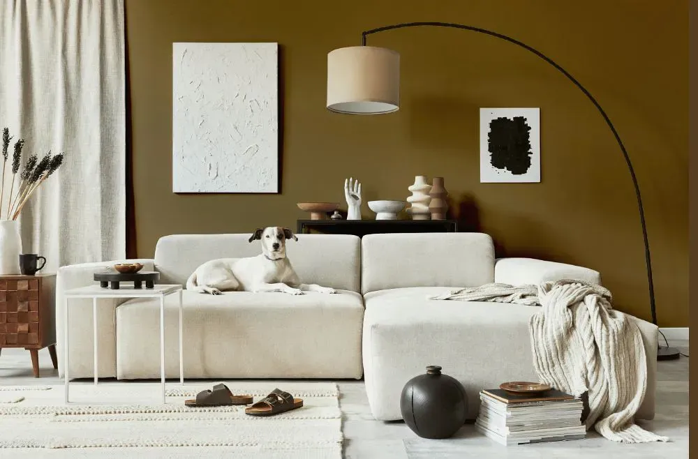 Sherwin Williams Mossy Gold cozy living room