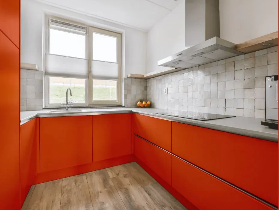 Sherwin Williams Obstinate Orange small kitchen cabinets