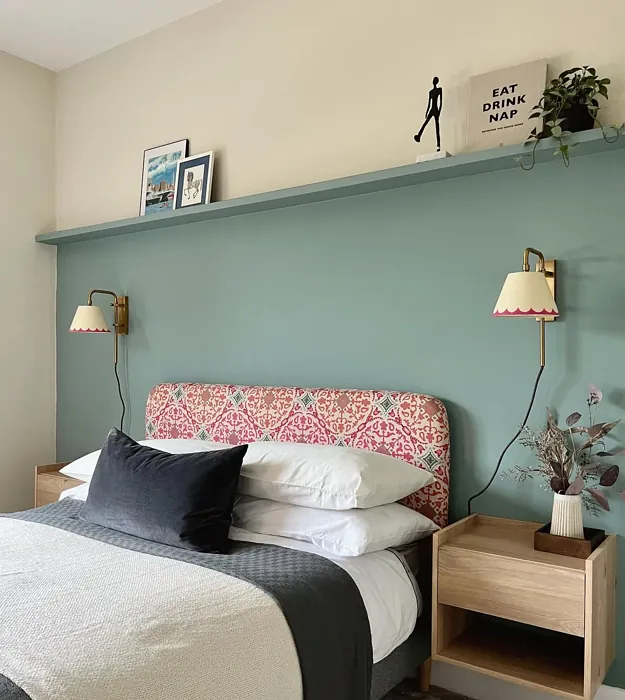 Farrow and Ball Oval Room Blue bedroom accent wall 