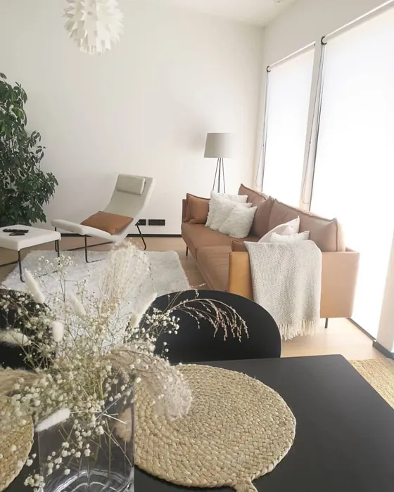 Tikkurila Paper F497 living room with lether orange sofa