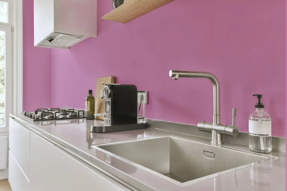 Sherwin Williams Prominent Pink kitchen painted backsplash