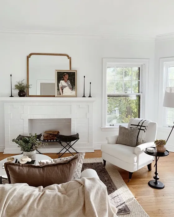 Sherwin Williams Pure White living room fireplace color