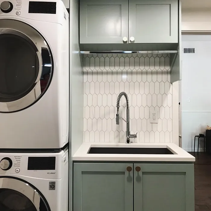 SW Quietude painted cabinets 