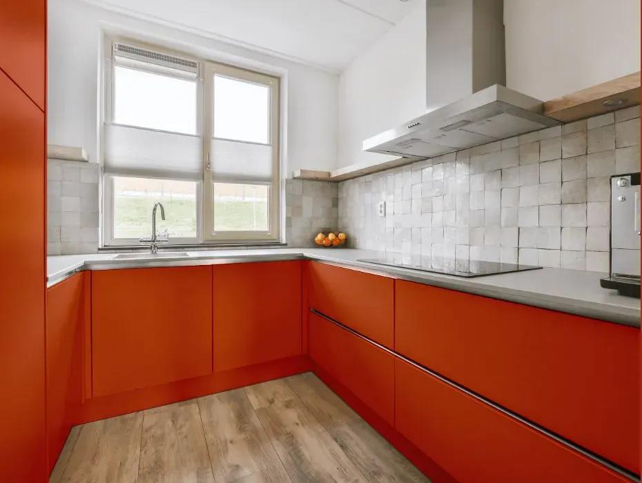 Sherwin Williams Raucous Orange small kitchen cabinets