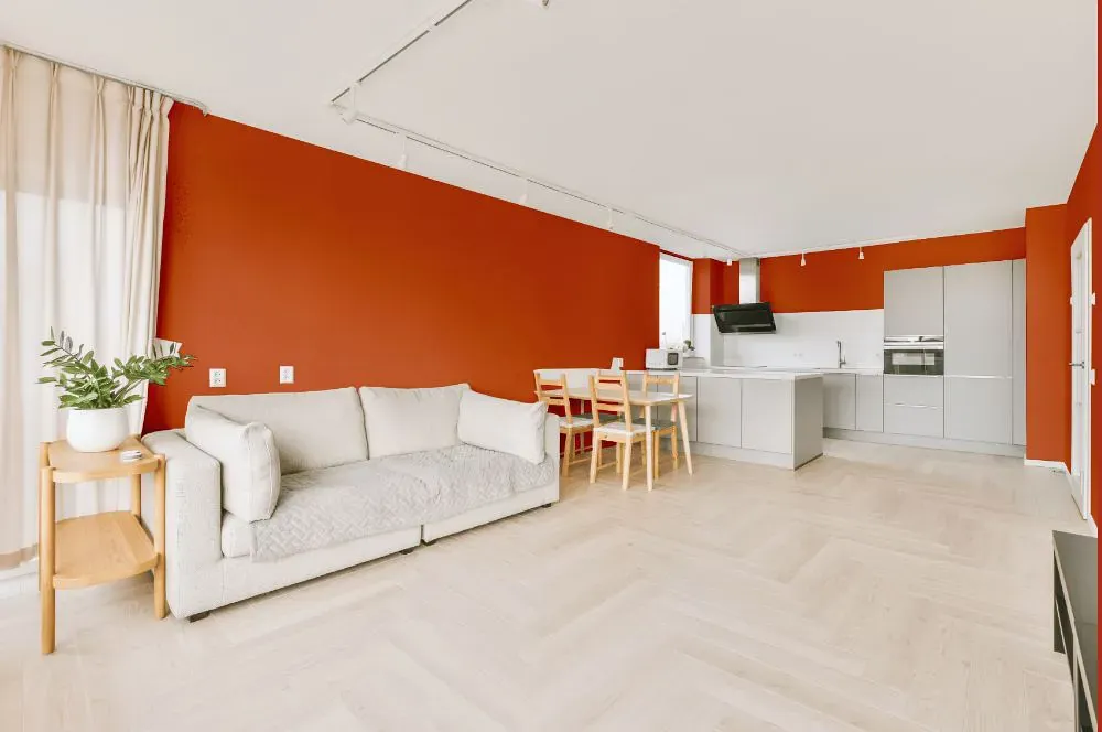 Sherwin Williams Raucous Orange living room interior