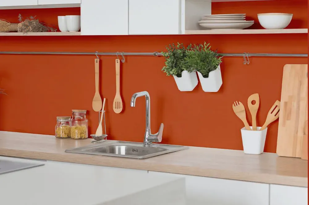 Sherwin Williams Raucous Orange kitchen backsplash