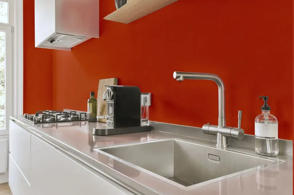 Sherwin Williams Raucous Orange kitchen painted backsplash