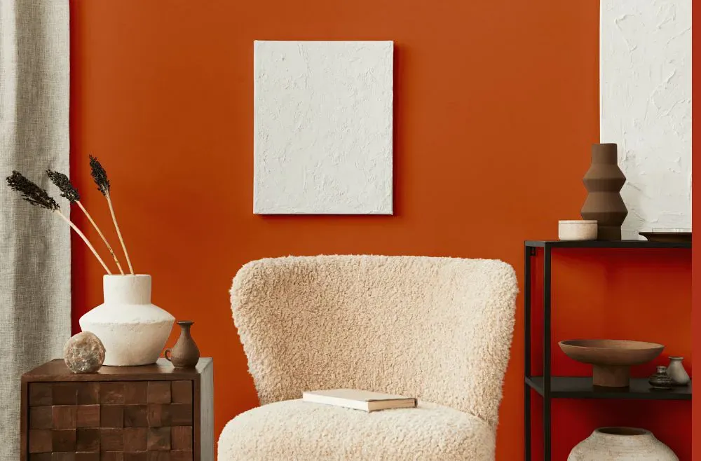 Sherwin Williams Raucous Orange living room interior