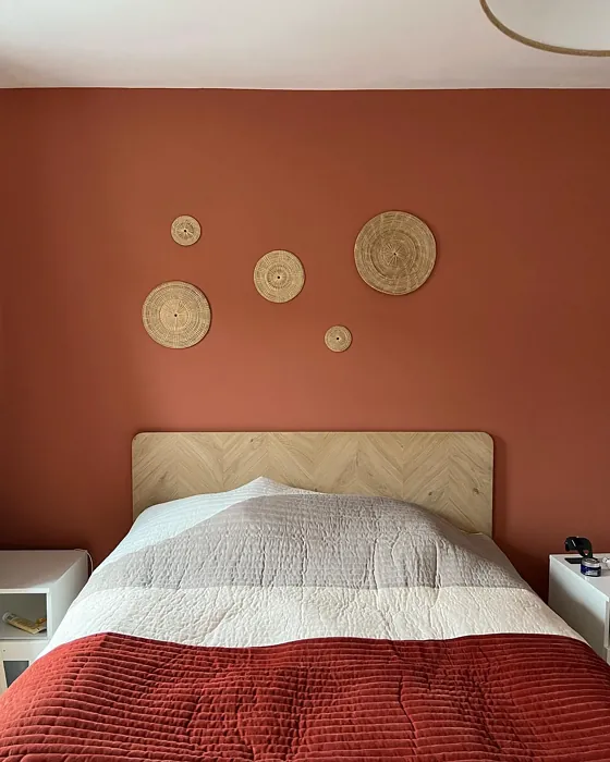 Farrow and Ball Red Earth boho bedroom with red wall