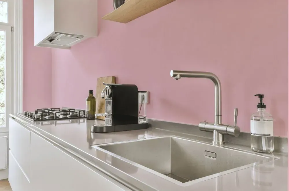 Sherwin Williams Reverie Pink kitchen painted backsplash