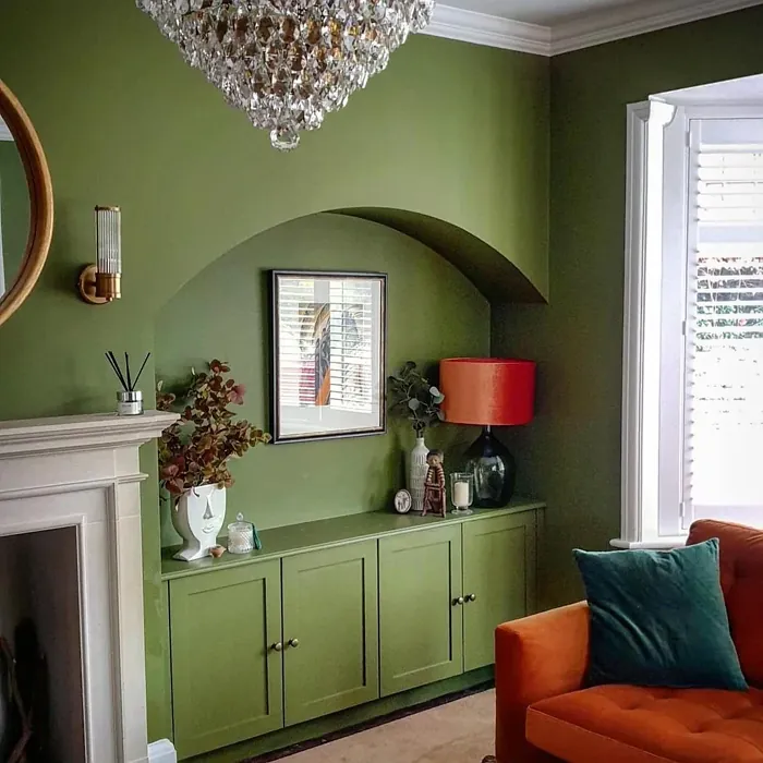 Farrow and Ball Sap Green cozy living room color