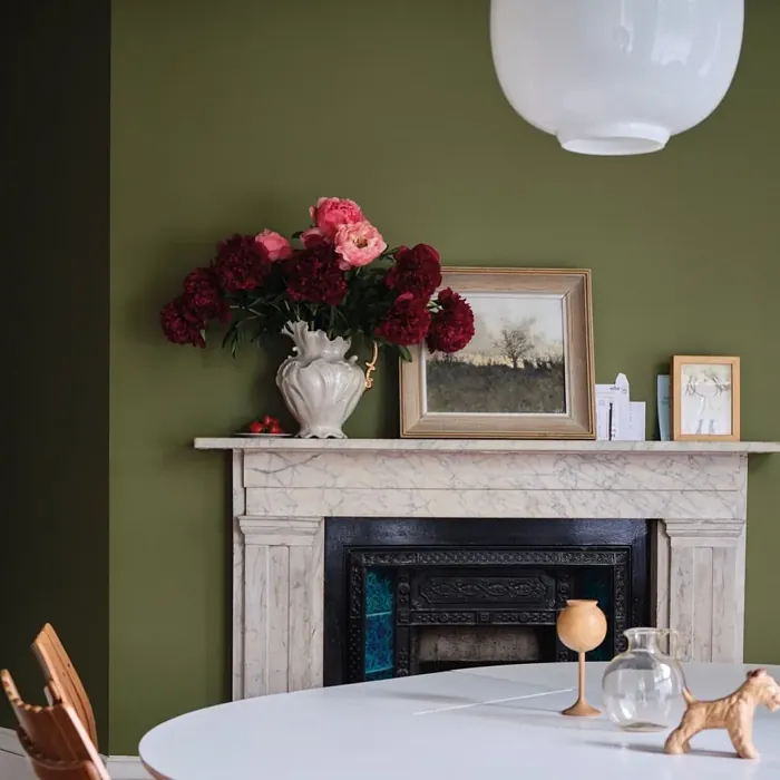 Sap Green cozy living room fireplace color review