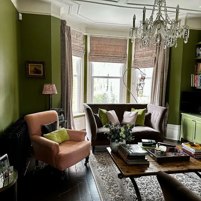 Sap Green cozy living room fireplace inspo