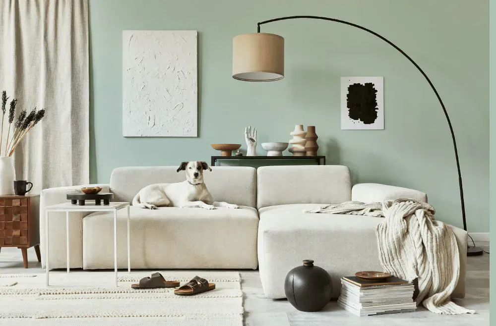 Sherwin Williams Slow Green cozy living room