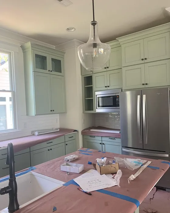 SW Softened Green kitchen cabinets 