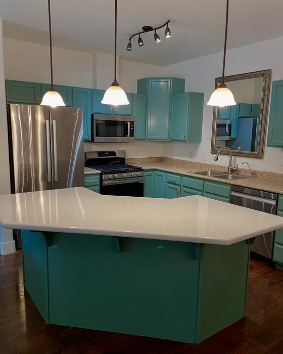 SW Studio Blue Green kitchen cabinets paint