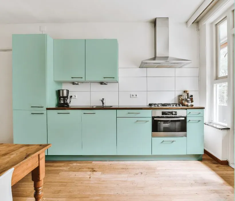 Sherwin Williams Tame Teal kitchen cabinets