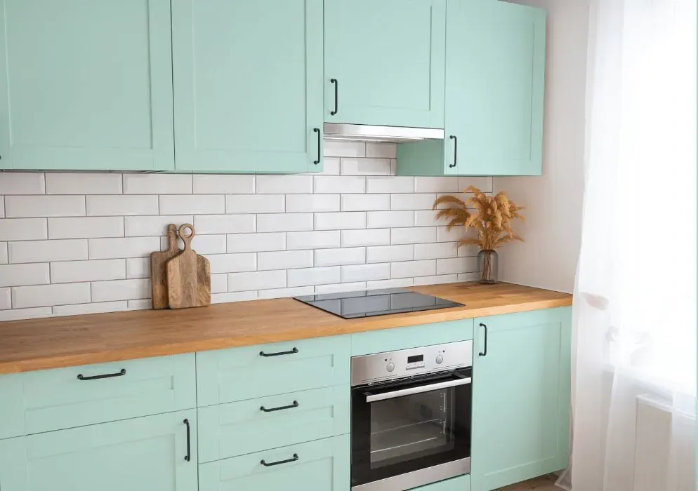 Sherwin Williams Tame Teal kitchen cabinets