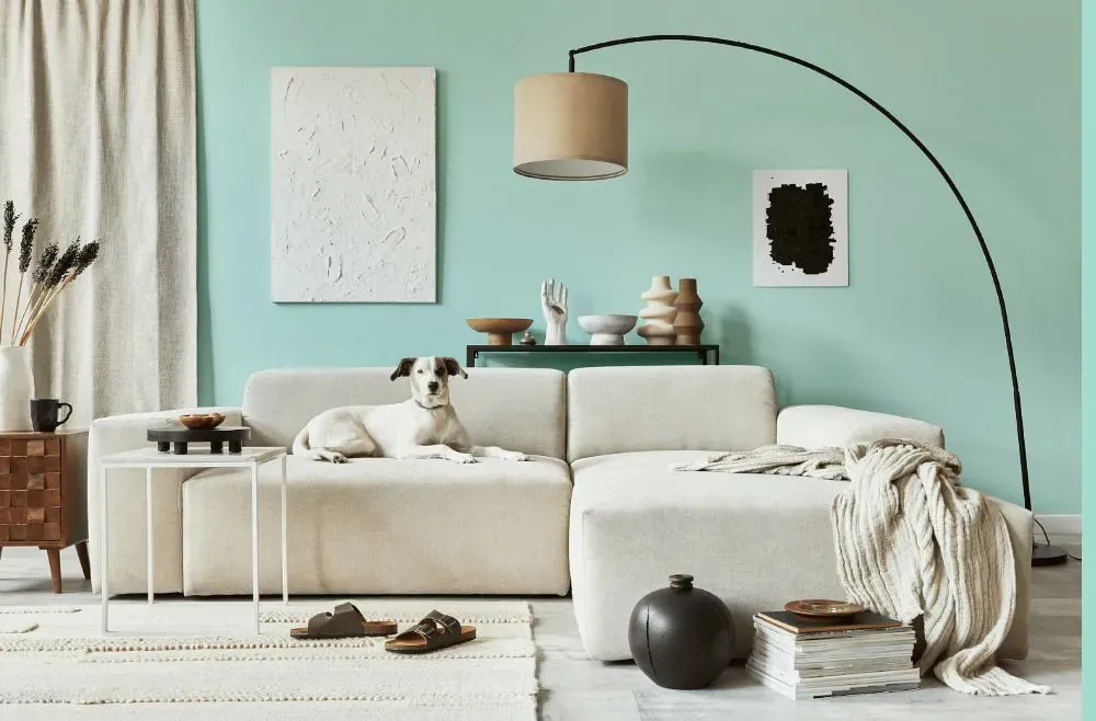 Sherwin Williams Tame Teal cozy living room