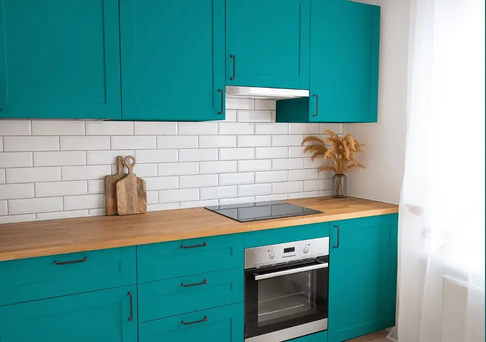 Sherwin Williams Tempo Teal kitchen cabinets