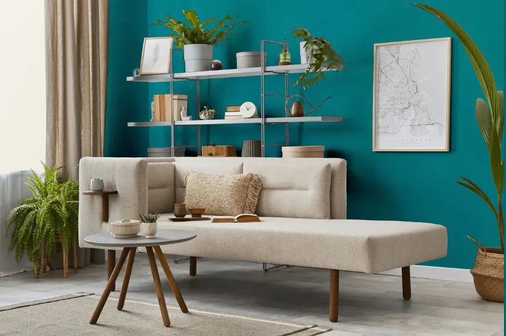 Sherwin Williams Tempo Teal living room