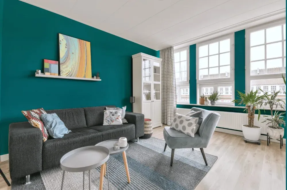 Sherwin Williams Tempo Teal living room walls