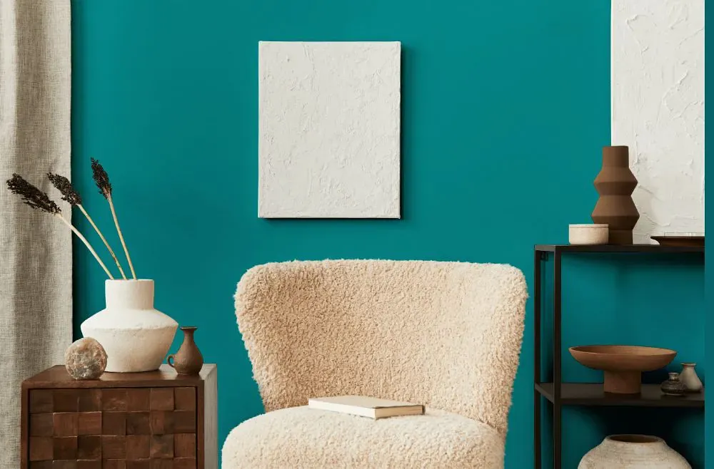 Sherwin Williams Tempo Teal living room interior