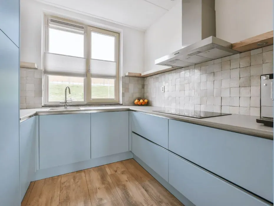 Sherwin Williams Wondrous Blue small kitchen cabinets