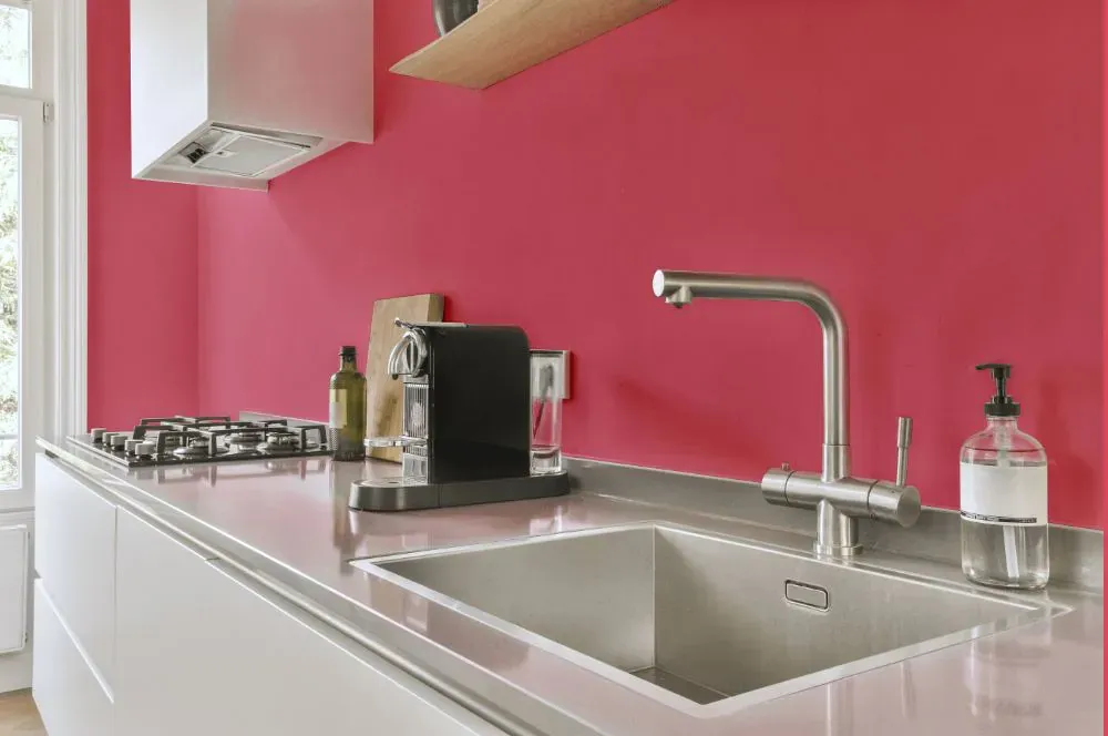 Sherwin Williams Zany Pink kitchen painted backsplash