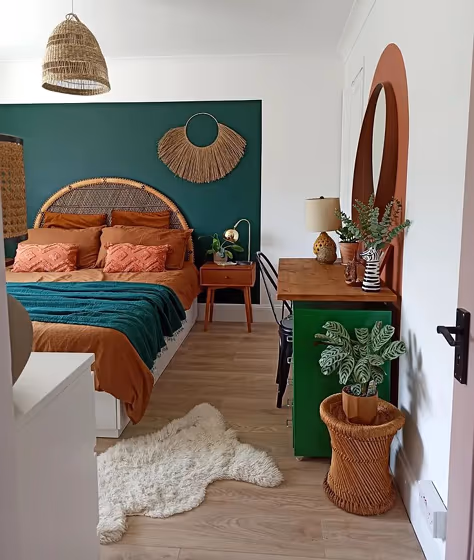 Boho interior with color-block paint Dulux Pine Needle