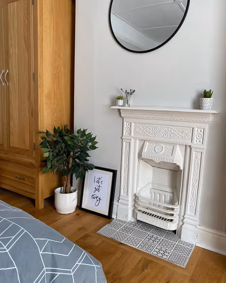 Farrow and Ball Ammonite living room fireplace color