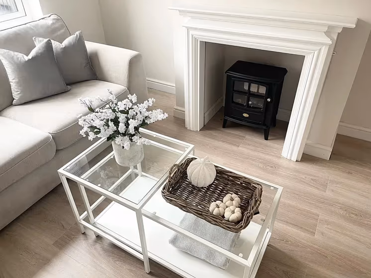 Farrow and Ball Ammonite living room fireplace color