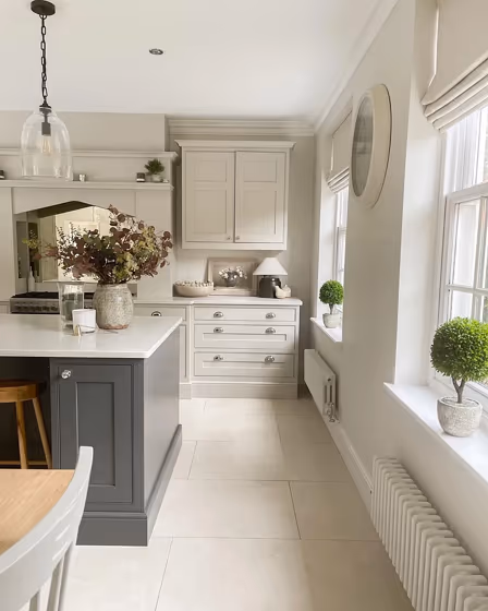 Farrow and Ball Ammonite kitchen cabinets interior