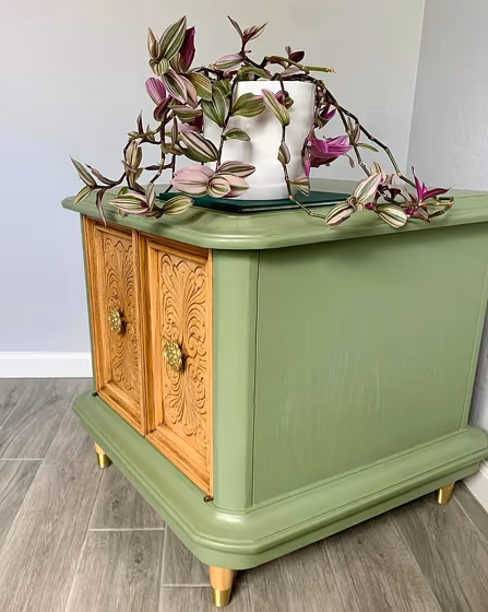 70s cabinet painted with Sherwin Williams Artichoke 6179