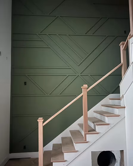 Modern farmhouse wall panelling with colour Sherwin Williams 6179