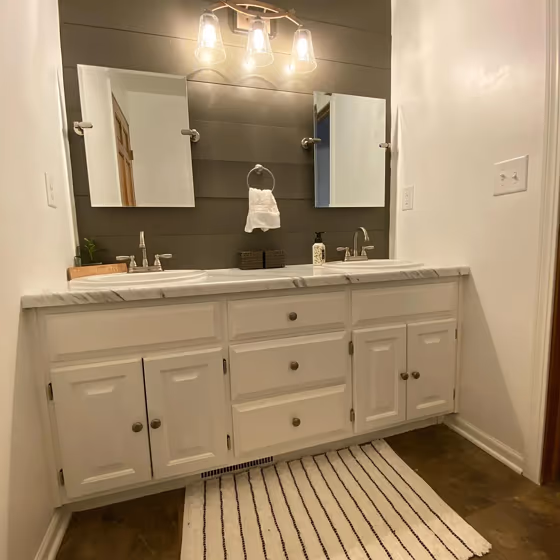 Behr Burnished Pewter bathroom accent wall