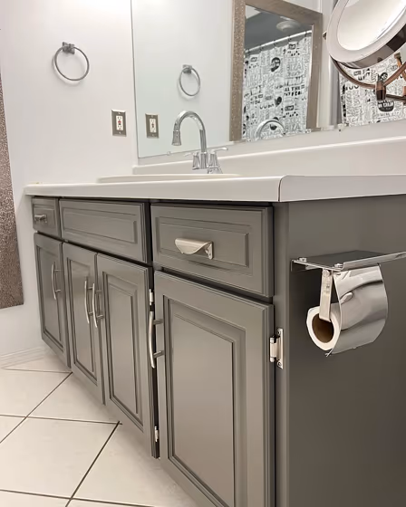 Behr Mined Coal bathroom vanity color review