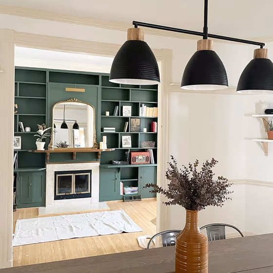 Green built-in shelves Benjamin Moore Backwoods CC-630