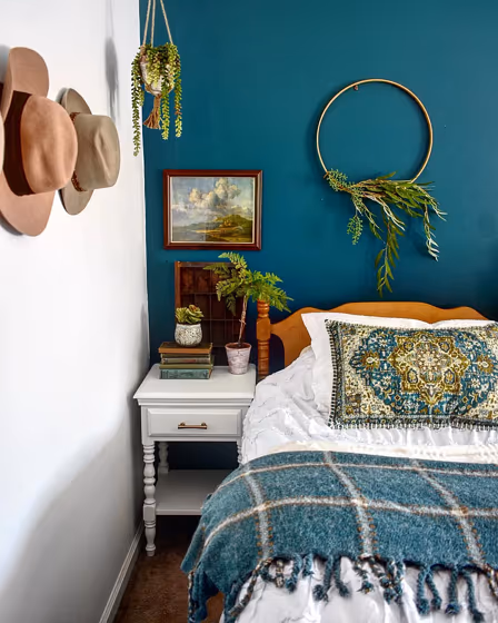 Benjamin Moore Beau Green cozy bedroom interior