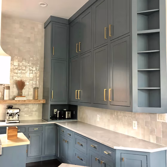 Benjamin Moore Blue Spruce kitchen cabinets