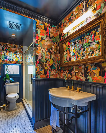 Benjamin Moore Polo Blue bathroom wall panelling