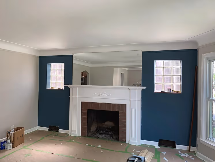 Sherwin williams bunglehouse blue living room fireplace