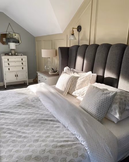 Farrow and Ball Cord bedroom accent wall